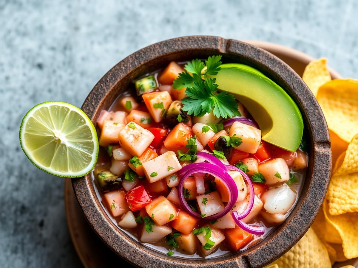 Fresh ceviche with lime and avocado